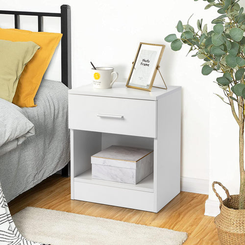 Modern White Bedside Table with Drawer & Shelf
