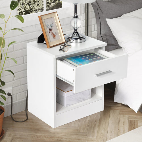 Modern White Bedside Table with Drawer & Shelf