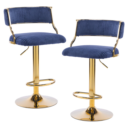 Adjustable Swivel Bar Stools (Set of 2) | Blue Corduroy & Gold Base