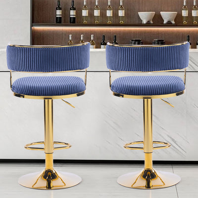 Adjustable Swivel Bar Stools (Set of 2) | Blue Corduroy & Gold Base