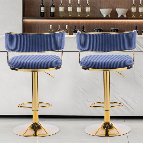 Adjustable Swivel Bar Stools (Set of 2) | Blue Corduroy & Gold Base